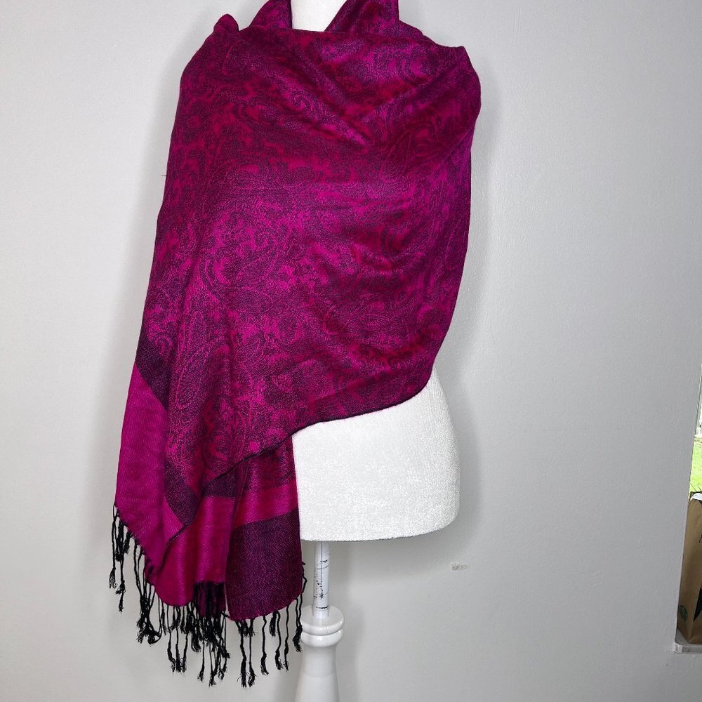 Women's Pashmina Scarf Shawl Wrap Silk Cashmere Hot Pink Paisley Tassels 80x30